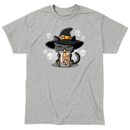 Classic Cotton T-shirt_TeeTurtle sport gray Halloween Boba Cat. Featuring a cat with a witch hat sipping on drinking skull-shaped bubble tea.