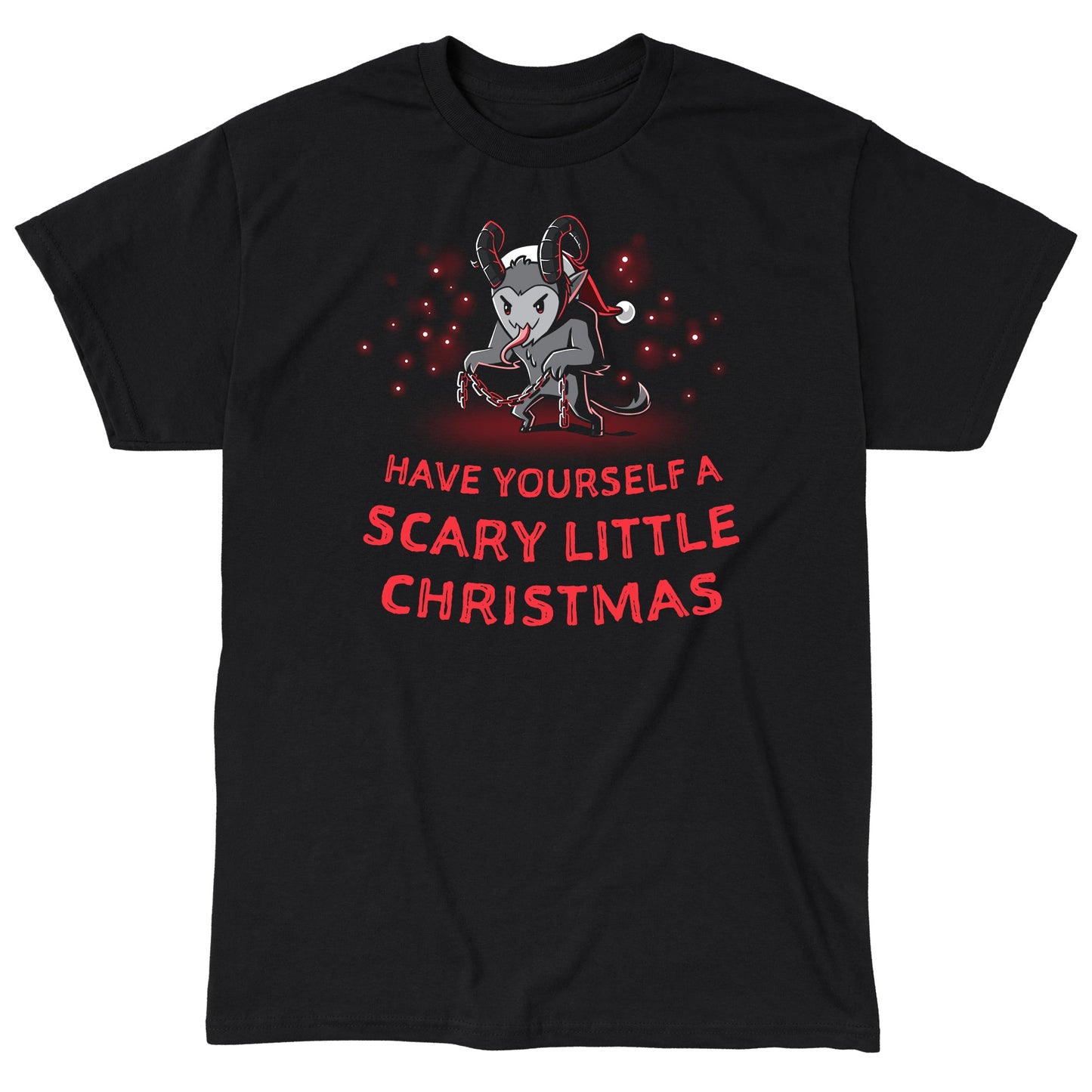 Classic Cotton T-shirt_TeeTurtle   Have Yourself a Scary Little Christmas (Krampus) black t-shirt featuring a horned creature wearing a Santa hat and holding chains, with the text "Have Yourself a Scary Little Christmas."