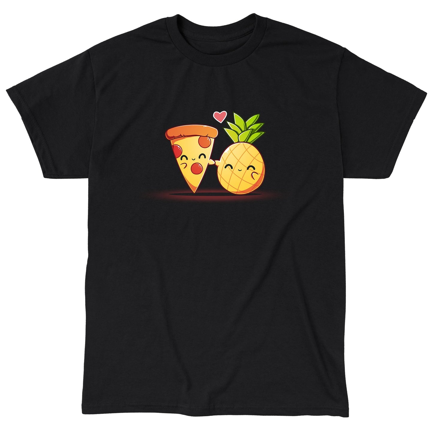 Classic Cotton T-shirt_Teeturtle Hawaiian Pizza black t-shirt featuring a slice of pepperoni pizza and a pineapple, both smiling and holding hands with a heart above them.