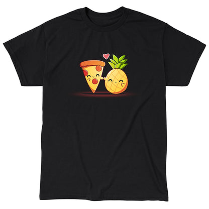 Classic Cotton T-shirt_Teeturtle Hawaiian Pizza black t-shirt featuring a slice of pepperoni pizza and a pineapple, both smiling and holding hands with a heart above them.