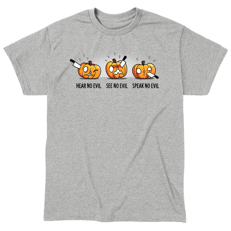 Classic Cotton T-shirt_TeeTurtle Hear No Evil, See No Evil, Speak No Evil sport gray t-shirt featuring three pumpkins with knives in each. One is getting its ears carved, the second is getting its eyes carved, and the third is getting its mouth carved.