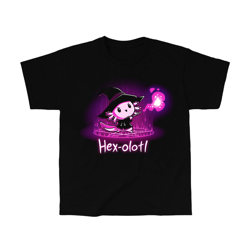 Classic Cotton T-shirt_TeeTurtle Hex-olotl black t-shirt featuring an illustration of a cartoon axolotl witch wearing a black witch's hat and black robe holding a wand and casting a spell with vibrant pink/purple magical energy emanating from the wand while standing on a pentagram with "Hex-olotl" written underneath. The colors within the design are a gradient of deep purple and magenta hues.