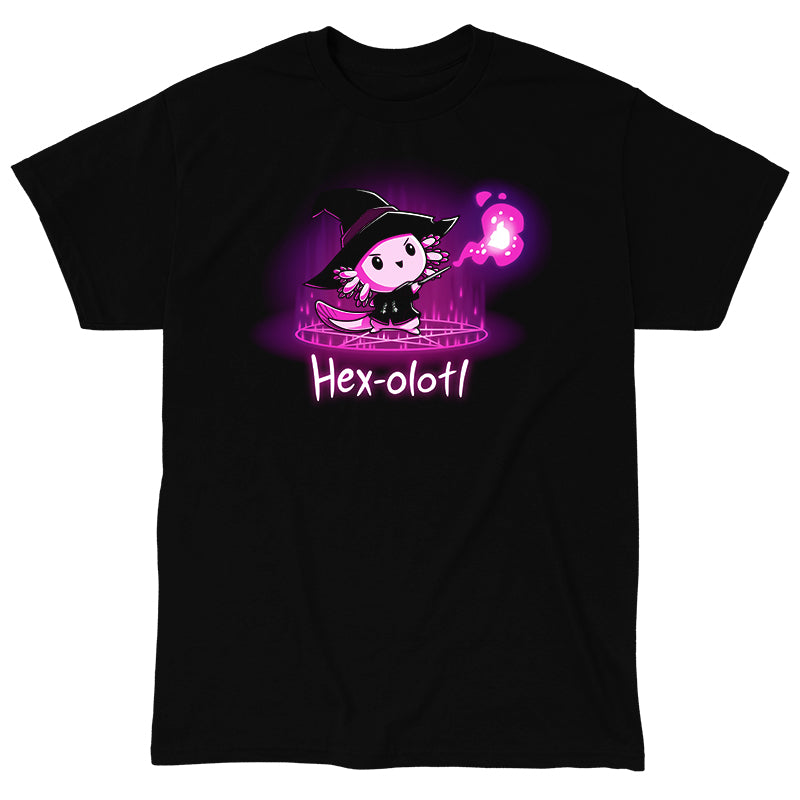 Classic Cotton T-shirt_TeeTurtle Hex-olotl black t-shirt featuring an illustration of a cartoon axolotl witch wearing a black witch's hat and black robe holding a wand and casting a spell with vibrant pink/purple magical energy emanating from the wand while standing on a pentagram with "Hex-olotl" written underneath. The colors within the design are a gradient of deep purple and magenta hues.