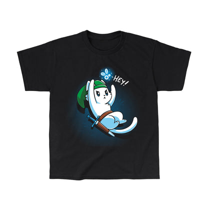 Classic Cotton T-shirt_A cartoon white cat dressed as a warrior with a green hat, holding a sword, looks up on this black monsterdigital apparel. An animated creature above its head says "Hey!" in this super soft ringspun cotton tee.