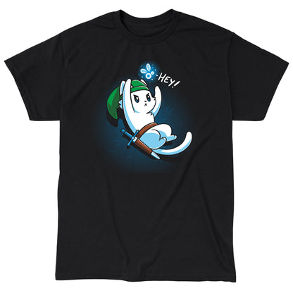 Classic Cotton T-shirt_A cartoon white cat dressed as a warrior with a green hat, holding a sword, looks up on this black monsterdigital apparel. An animated creature above its head says "Hey!" in this super soft ringspun cotton tee.