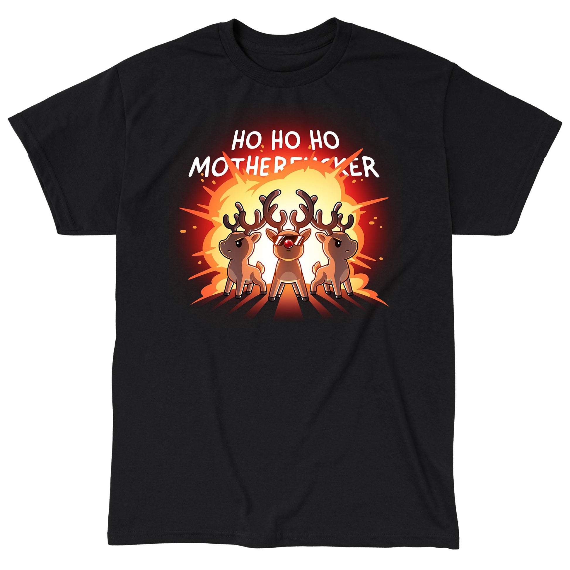 Classic Cotton T-shirt_TeeTurtle black Ho Ho Ho Mother***ker apparel featuring three reindeer with an explosion behind them.