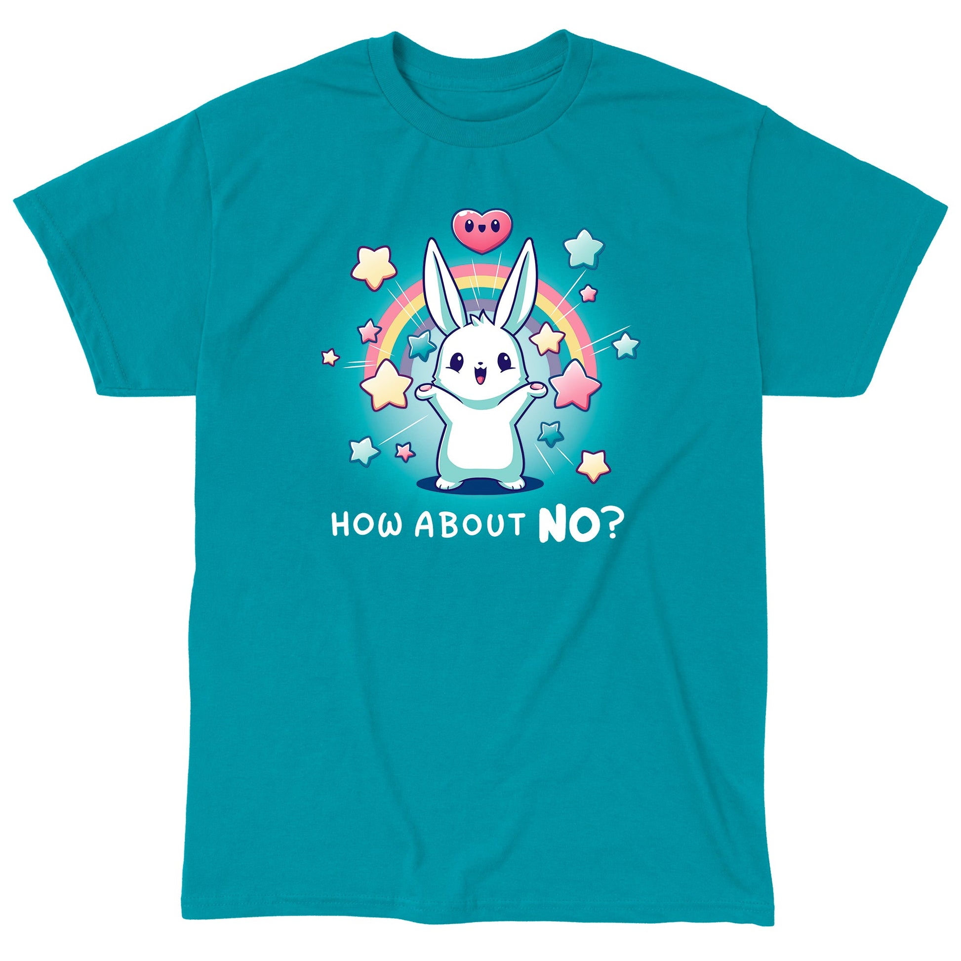 Classic Cotton T-shirt_TeeTurtle How About No? tropical blue t-shirt featuring a happy bunny with stars, hearts and rainbows. The text reads, "How About No?"