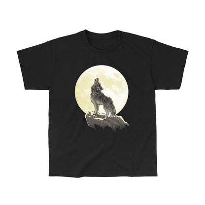 Classic Cotton T-shirt_TeeTurtle Howl at the Moon (Glow) black t-shirt featuring a wolf standing on a ledge howling with a full moon in the background.