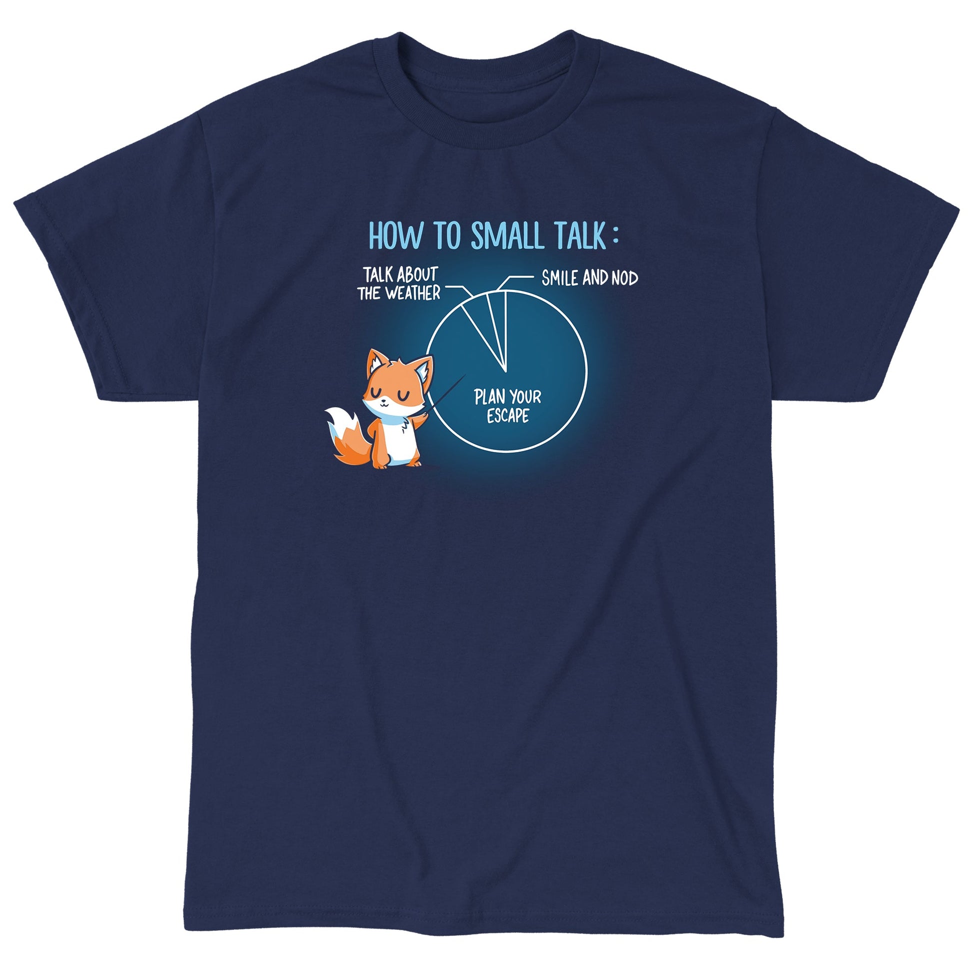 Classic Cotton T-shirt_TeeTurtle How to Small Talk navy blue t-shirt featuring an introverted fox pointing at a pie chart with three segments explaining small talk.