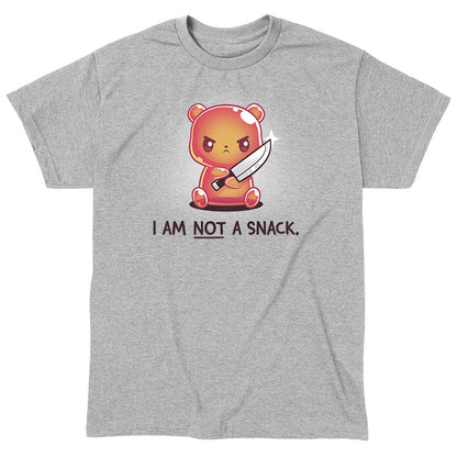 Classic Cotton T-shirt_TeeTurtle I Am Not A Snack heather gray t-shirt featuring a semi-translucent orange gummy bear holding a large kitchen knife looking angry. Beneath it there's text saying "I am not a snack"