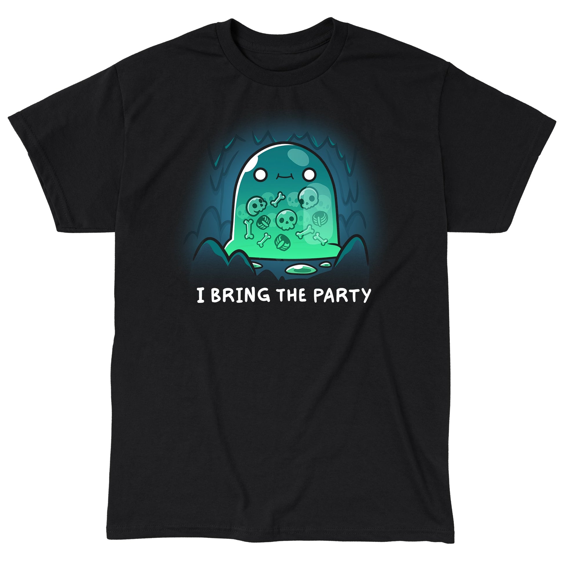 Classic Cotton T-shirt_TeeTurtle black I Bring the Party t-shirt featuring a giant slime monster with a small smile with multiple bones that can be seen in its transparent body inside a cave.