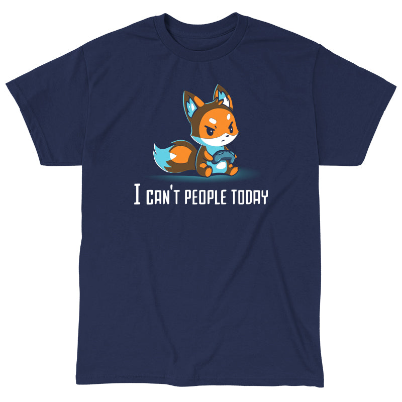 Classic Cotton T-shirt_TeeTurtle I Can't People Today navy blue t-shirt featuring an annoyed fox holding a video game controller with the text "I can't people today" below.