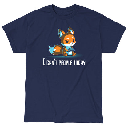 Classic Cotton T-shirt_TeeTurtle I Can't People Today navy blue t-shirt featuring an annoyed fox holding a video game controller with the text "I can't people today" below.