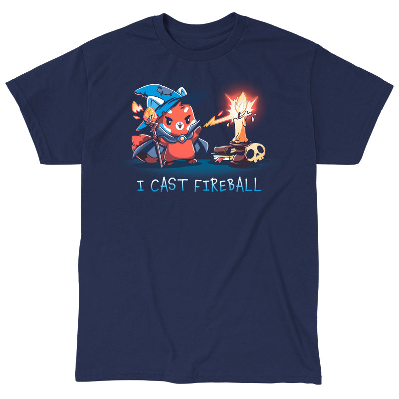 Classic Cotton T-shirt_TeeTurtle I Cast Fireball navy blue t-shirt featuring a fox in a tabletop game wizard outfit with a staff who casts a fireball spell towards a candle, with the text "I CAST FIREBALL" below. A stack of books and a skull are in the background. 