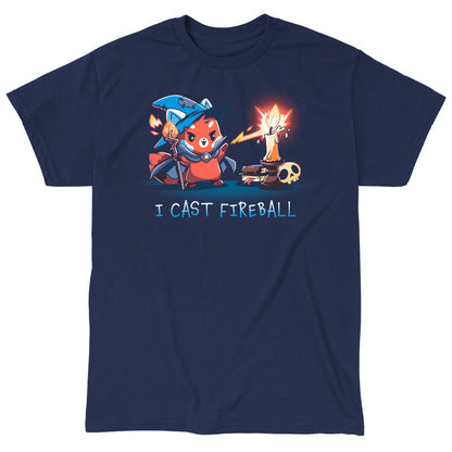 Classic Cotton T-shirt_TeeTurtle I Cast Fireball navy blue t-shirt featuring a fox in a tabletop game wizard outfit with a staff who casts a fireball spell towards a candle, with the text "I CAST FIREBALL" below. A stack of books and a skull are in the background. 