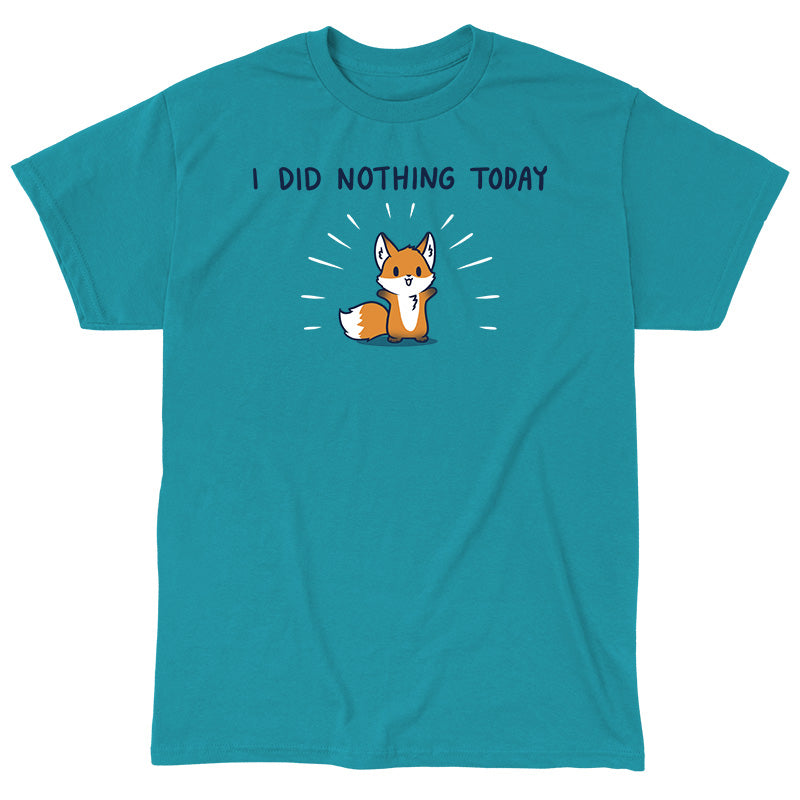 Classic Cotton T-shirt_TeeTurtle I Did Nothing Today tropical blue t-shirt featuring a happy fox standing with open arms. The text reads "I did nothing today."