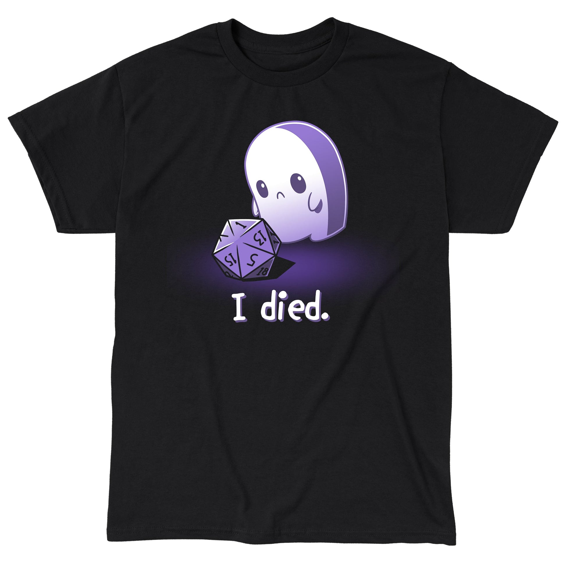 Classic Cotton T-shirt_TeeTurtle I Died. black t-shirt featuring a sad white ghost that rolled a D1 tabletop game dice with the text "I died." below.