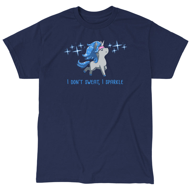 Classic Cotton T-shirt_TeeTurtle I Don't Sweat, I Sparkle navy blue t-shirt featuring a glistening unicorn with sweatband on, surrounded by sparkles.