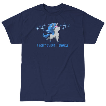 Classic Cotton T-shirt_TeeTurtle I Don't Sweat, I Sparkle navy blue t-shirt featuring a glistening unicorn with sweatband on, surrounded by sparkles.