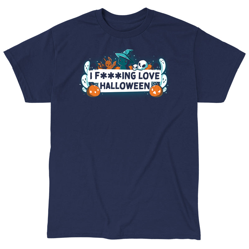 Classic Cotton T-shirt_TeeTurtle I F***ing Love Halloween navy blue t-shirt featuring the words "I F***ING LOVE HALLOWEEN" written in a black font on a white background surrounded by white ghosts, a black cat wearing a witch's hat, black spiders, pumpkins and jack-o-lanterns, white skulls and an evil bunny with bat wings.