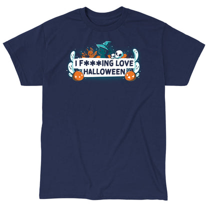 Classic Cotton T-shirt_TeeTurtle I F***ing Love Halloween navy blue t-shirt featuring the words "I F***ING LOVE HALLOWEEN" written in a black font on a white background surrounded by white ghosts, a black cat wearing a witch's hat, black spiders, pumpkins and jack-o-lanterns, white skulls and an evil bunny with bat wings.