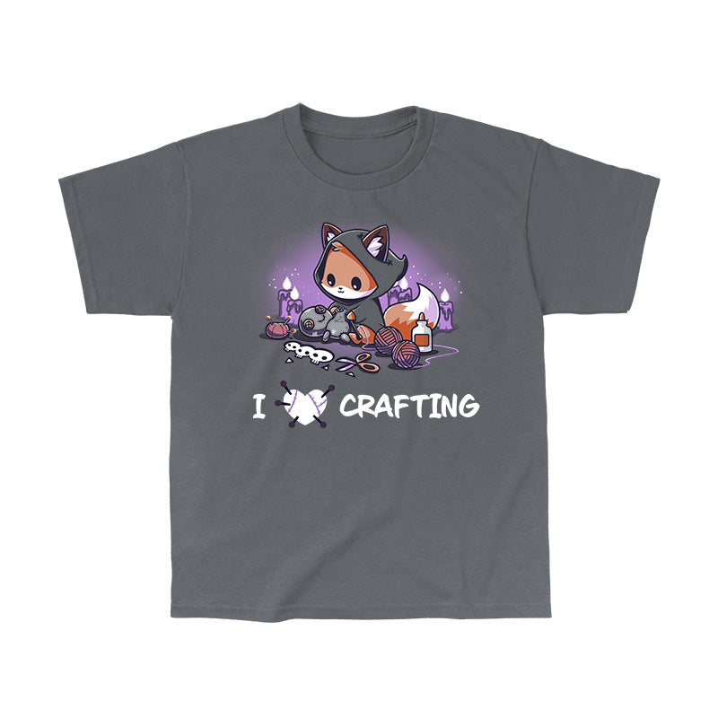 Classic Cotton T-shirt_TeeTurtle charcoal gray I <3 Crafting. Featuring a hooded fox crafting a voodoo doll.