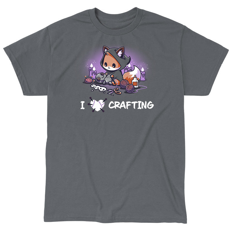 Classic Cotton T-shirt_TeeTurtle charcoal gray I <3 Crafting. Featuring a hooded fox crafting a voodoo doll.