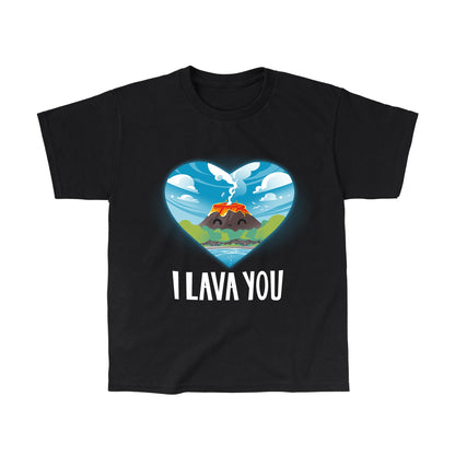 Classic Cotton T-shirt_An illustration of a smiling volcano with lava, surrounded by trees and water, inside a heart shape. The text below reads "I LAVA YOU." This I Lava You apparel by monsterdigital is made from super soft ringspun cotton for ultimate comfort. Suitable for everyone, it's the perfect unisex tee!