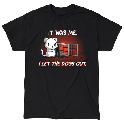 Classic Cotton T-shirt_TeeTurtle I let the dogs out black t-shirt featuring a cat next to an empty dog cage.