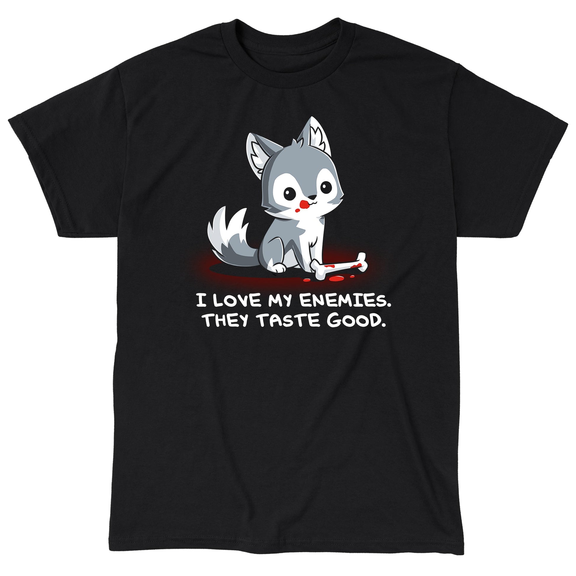 Classic Cotton T-shirt_TeeTurtle I Love My Enemies black t-shirt featuring wolf with blood on its muzzle holding a bone, accompanied by the text "I Love My Enemies. They Taste Good."