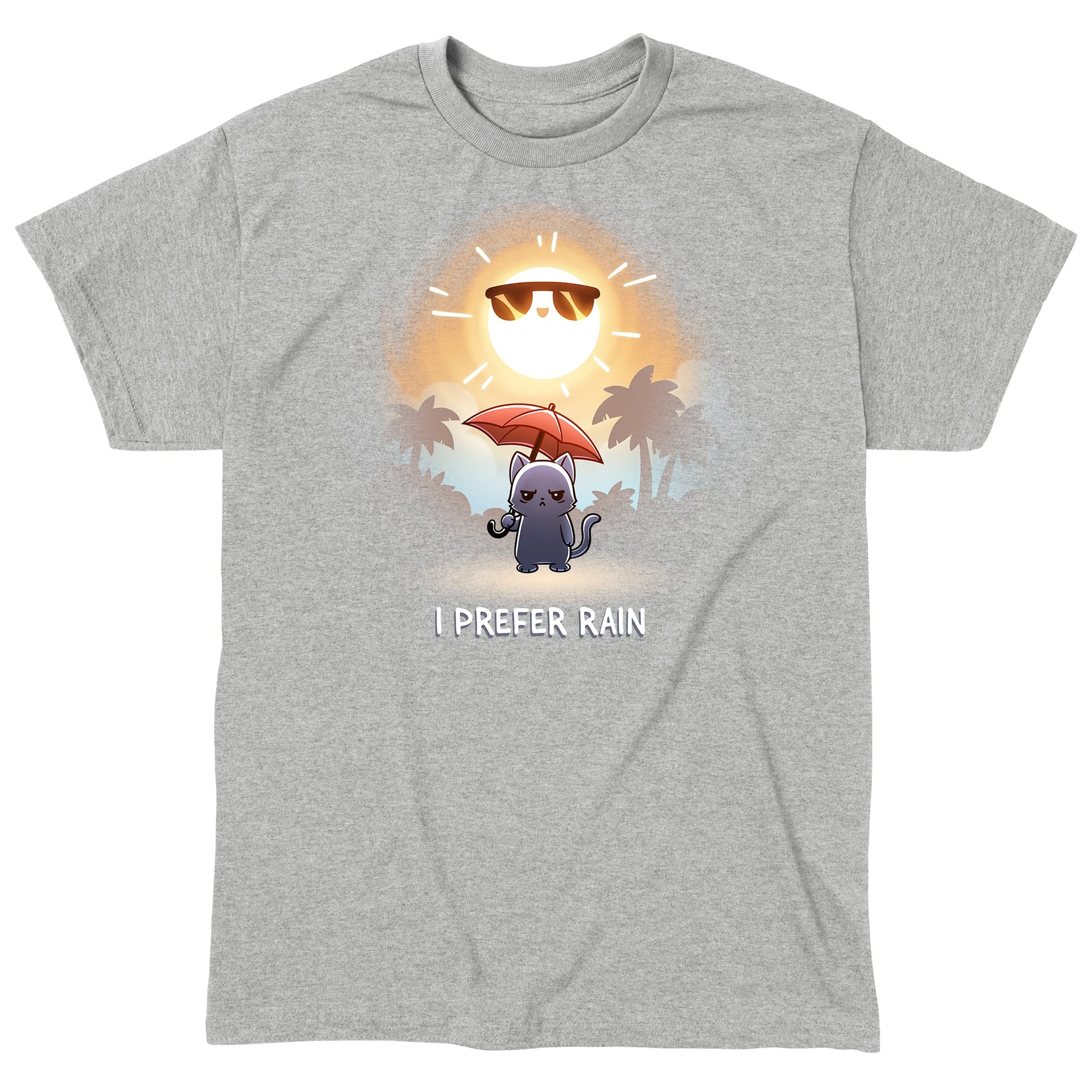 Classic Cotton T-shirt_TeeTurtle heather gray I Prefer Rain featuring a grumpy cat holding an umbrella with the sun shining overhead.