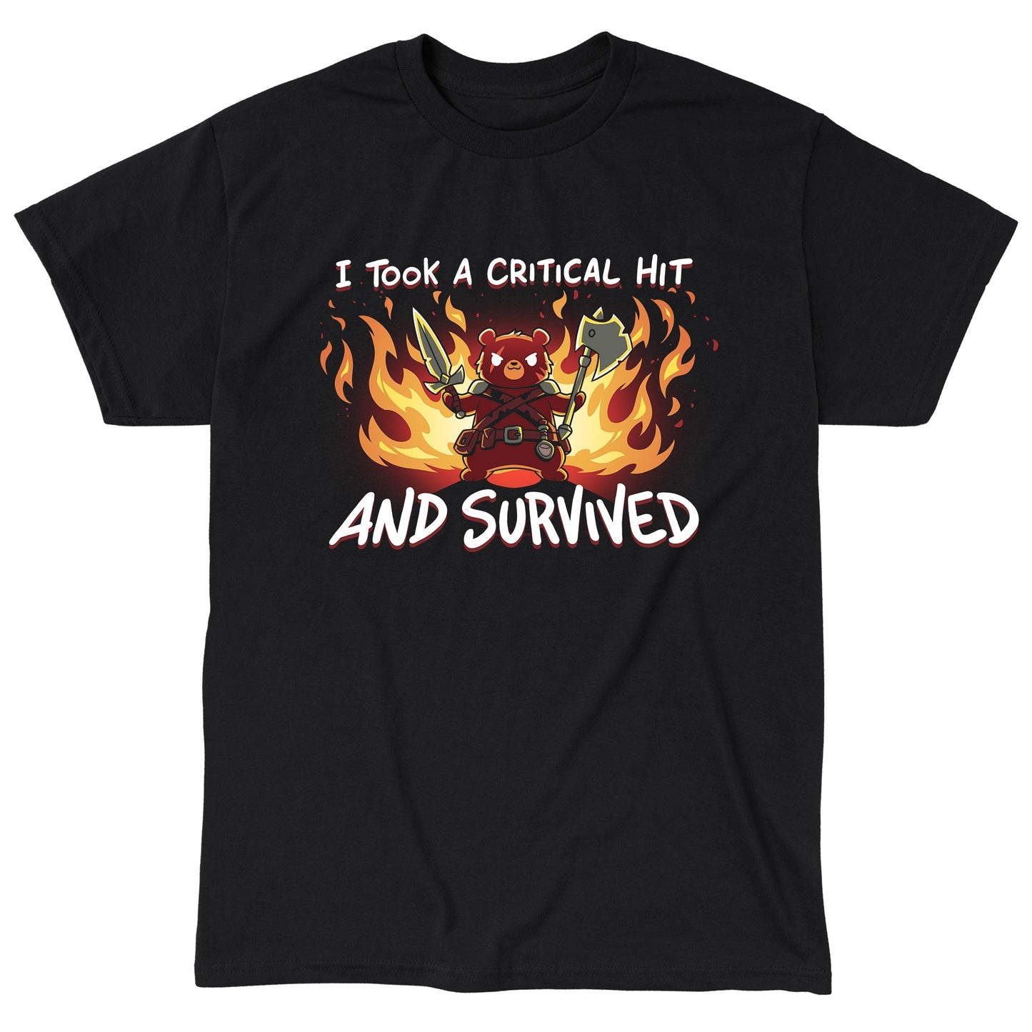 Classic Cotton T-shirt_TeeTurtle I Took A Critical Hit and Survived black t-shirt featuring a bear warrior holding a sword and an axe stands in front of flames.