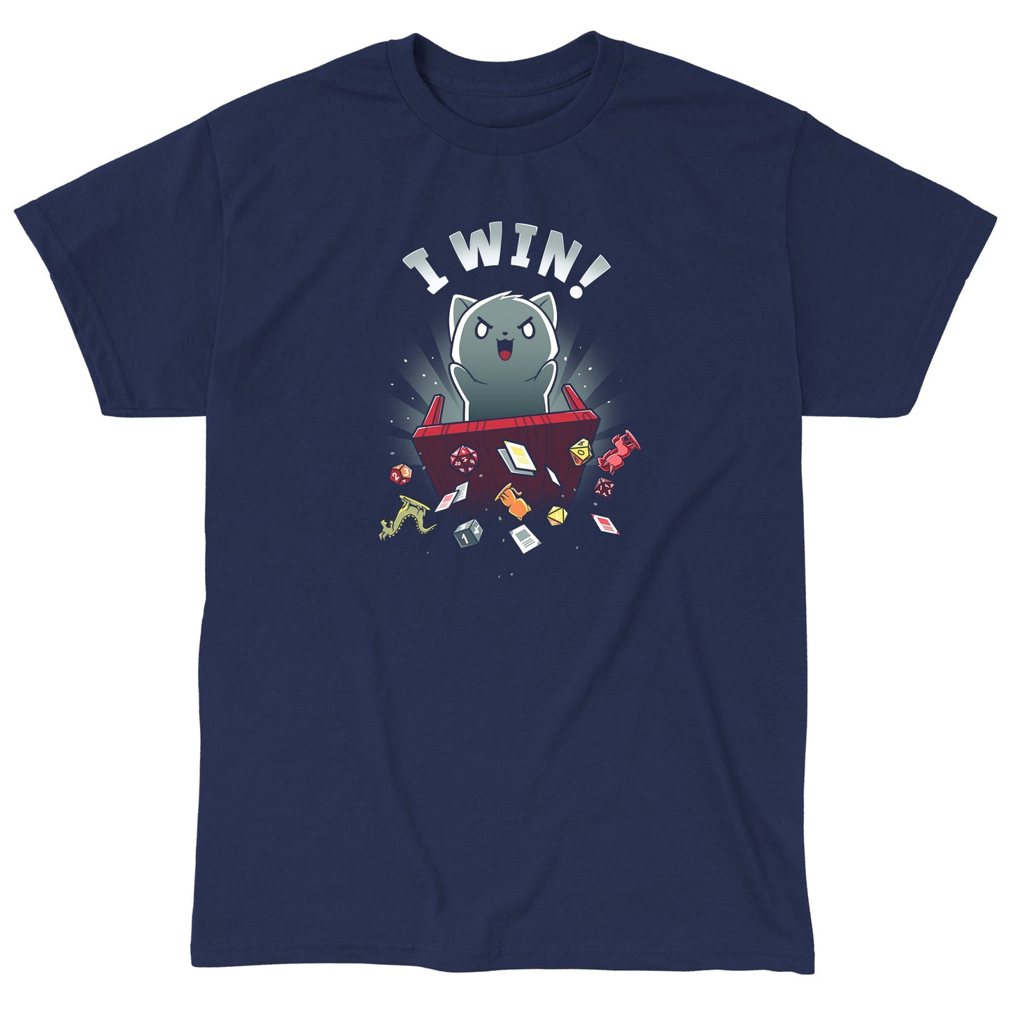 Classic Cotton T-shirt_Teeturtle I Win! navy blue t-shirt featuring a gray cat flipping a tabletop game table, sending cards, tabletop figures and dice flying with the words "I Win!" above its head.