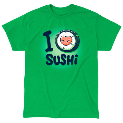 Classic Cotton T-shirt_Teeturtle I Heart Sushi Irish green t-shirt featuring a little cartoon sushi roll with the center of it forming a heart and I <3 Sushi as the text.