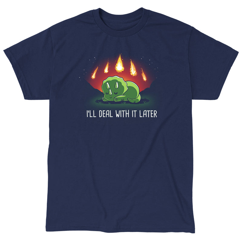 Classic Cotton T-shirt_TeeTurtle I'll Deal With It Later navy blue t-shirt featuring a happily sleeping triceratops dinosaur with meteors coming down behind it.