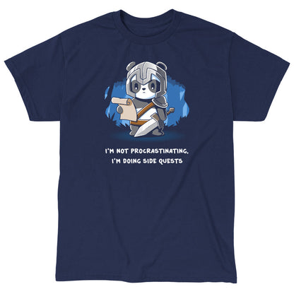 Classic Cotton T-shirt_TeeTurtle navy blue I'm Doing Side Quests. Featuring a warrior panda holding a scroll saying, "I'm not procrastinating, I'm doing side quests.".