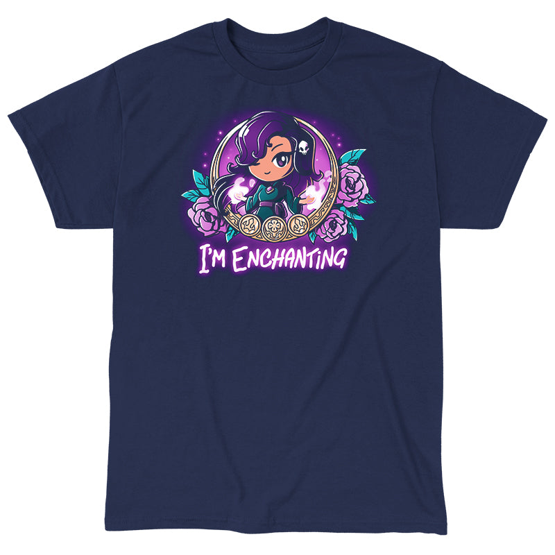 Classic Cotton T-shirt_TeeTurtle I'm Enchanting navy blue t-shirt featuring an illustration of a girl positioned within a gold-edged, ornate frame decorated with purple flowers and leaves winking her purple eyes with a white skull in her purple hair. "I'M ENCHANTING" is written underneath.