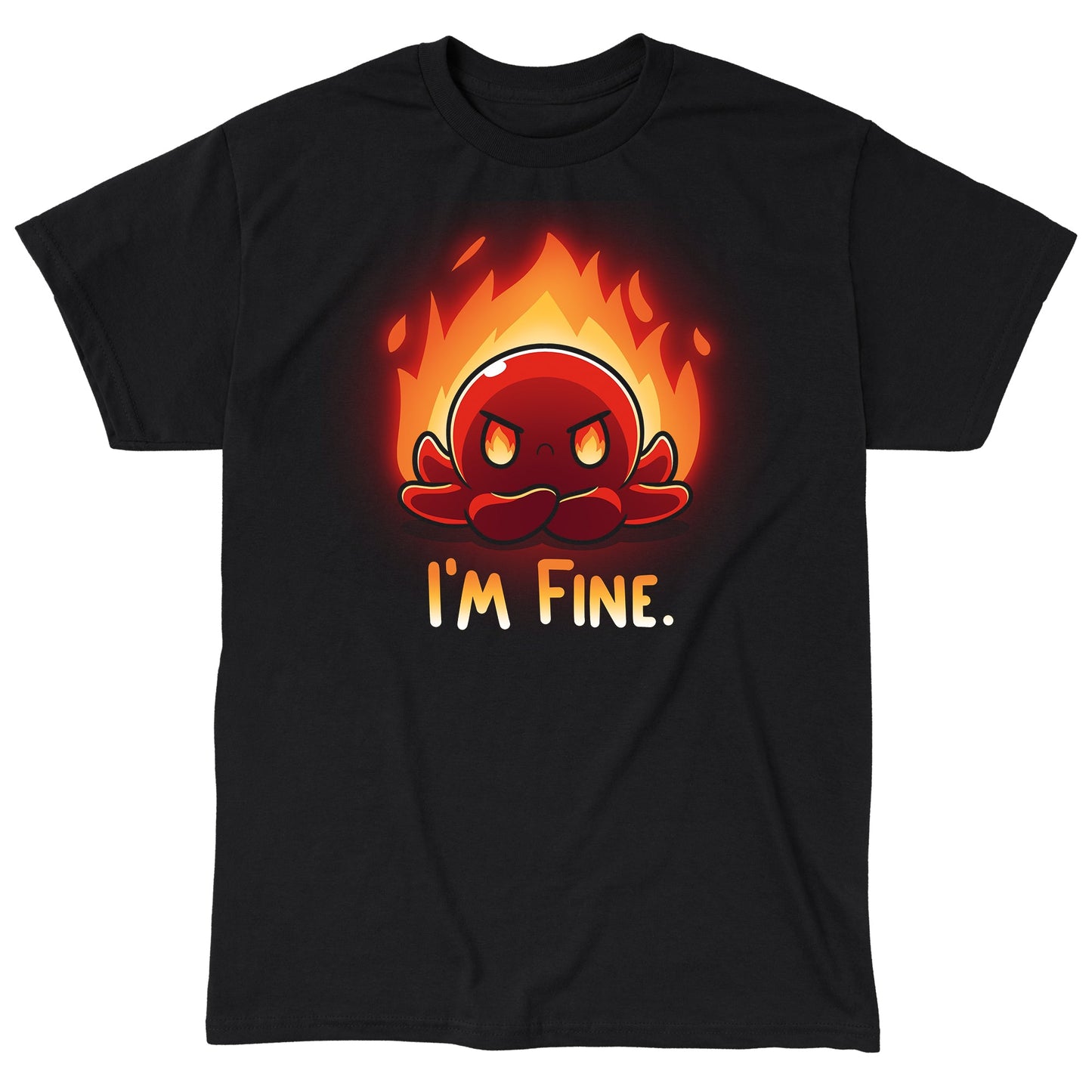 Classic Cotton T-shirt_TeeTurtle black I'm Fine. Featuring an angry red octopus with its arms crossed with fire in the background.