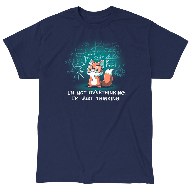 Classic Cotton T-shirt_TeeTurtle navy blue I'm Just Thinking. Featuring a thinking fox with glasses surrounded by mathematical equations.