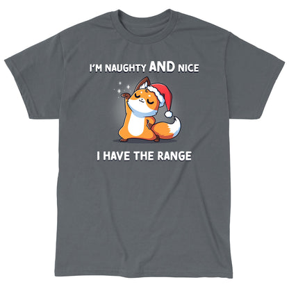 Classic Cotton T-shirt_TeeTurtle charcoal gray I Have the Range apparel featuring a sassy fox wearing a Santa hat.