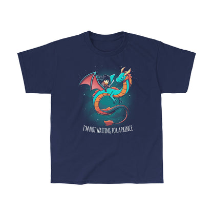 Classic Cotton T-shirt_TeeTurtle I'm Not Waiting for a Prince navy blue t-shirt featuring a woman with a sword riding a dragon.