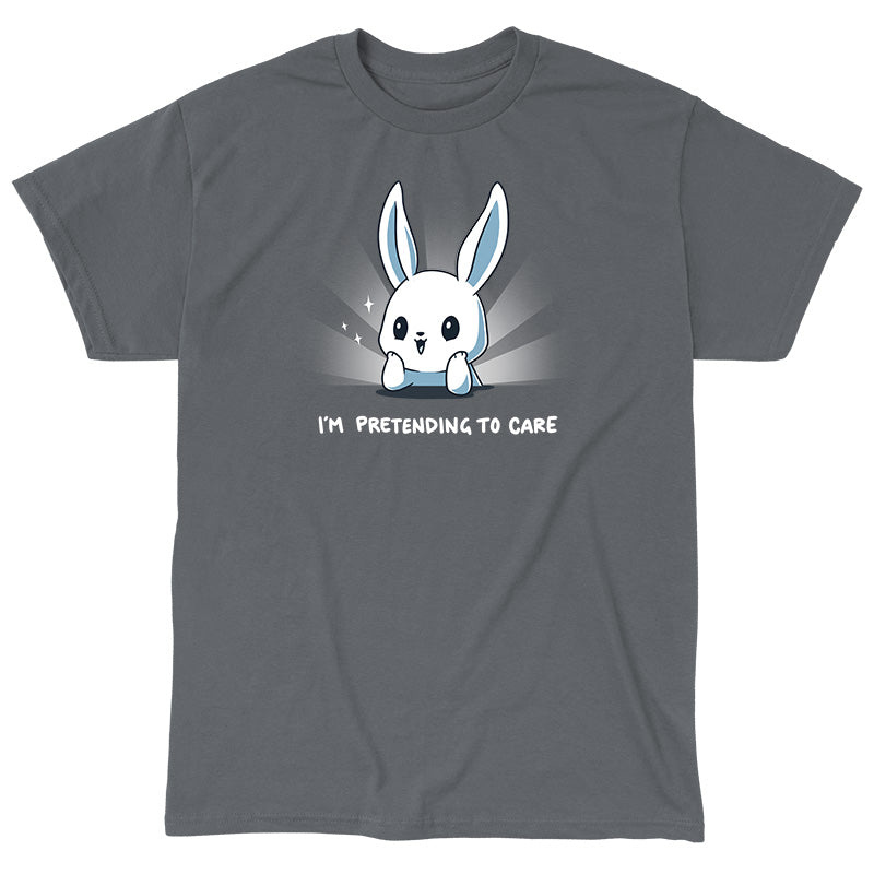 Classic Cotton T-shirt_TeeTurtle I'm Pretending to Care charcoal gray t-shirt featuring a sarcastic bunny pretending to care