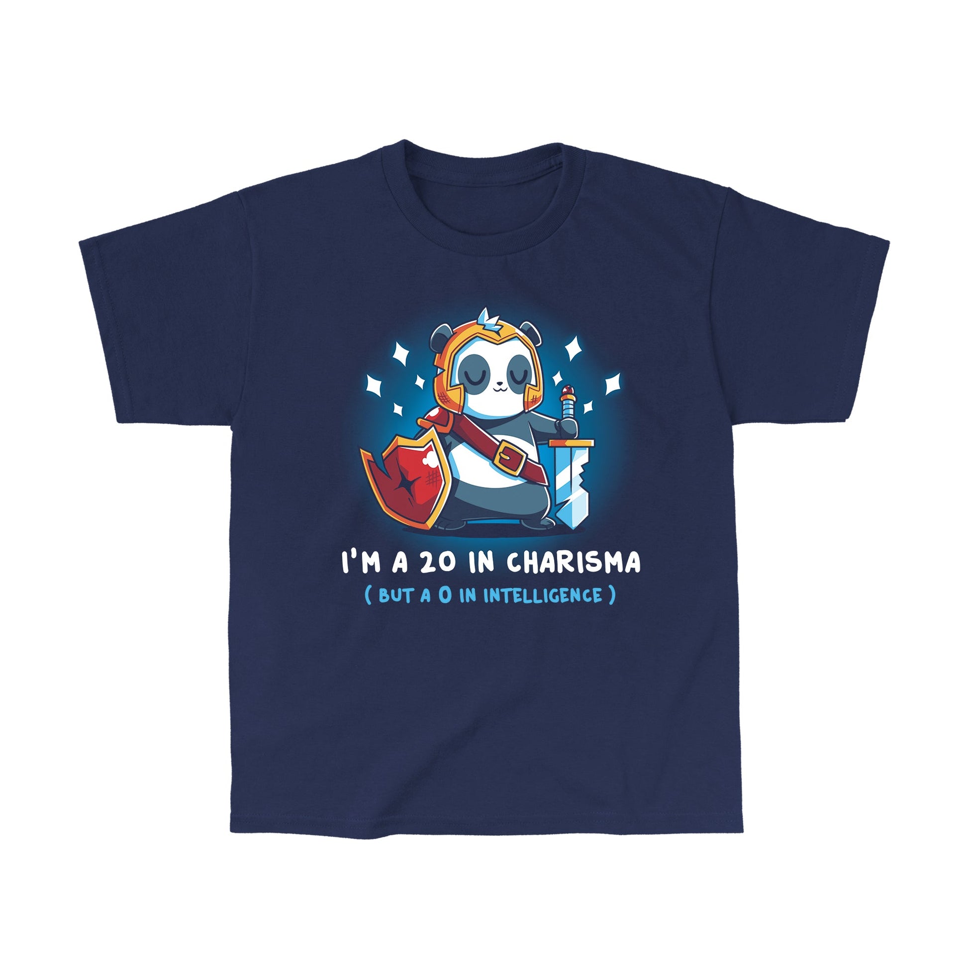 Classic Cotton T-shirt_TeeTurtle I'm a 20 in Charisma navy blue t-shirt featuring a fantasy panda wearing armor and holding a sword and shield with sparkles around them.