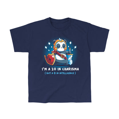 Classic Cotton T-shirt_TeeTurtle I'm a 20 in Charisma navy blue t-shirt featuring a fantasy panda wearing armor and holding a sword and shield with sparkles around them.