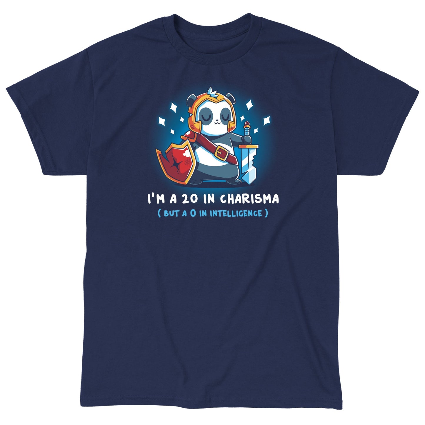 Classic Cotton T-shirt_TeeTurtle I'm a 20 in Charisma navy blue t-shirt featuring a fantasy panda wearing armor and holding a sword and shield with sparkles around them.