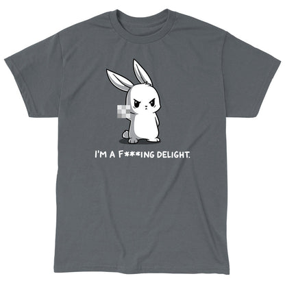 Classic Cotton T-shirt_Illustration of an angry cartoon rabbit holding up a pixelated middle finger with the caption, "I'M A F*ING DELIGHT," on a dark background. Printed on a charcoal gray apparel featuring super soft ringspun cotton, this unisex apparelby monsterdigital combines humor and comfort effortlessly. Product Name: I'm a F***ing Delight