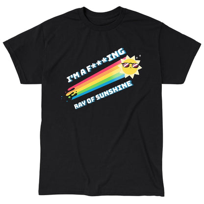 Classic Cotton T-shirt_TeeTurtle black I'm a F***ing Ray of Sunshine. Featuring a sarcastic sun wearing sunglasses with a rainbow ray emanating from it.