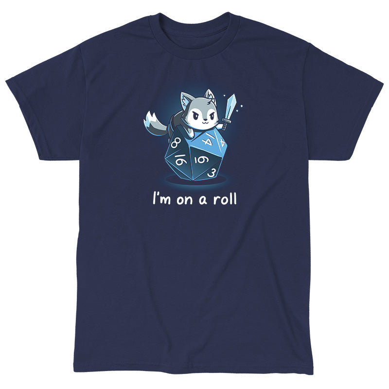 Classic Cotton T-shirt_TeeTurtle I'm on a Roll navy blue t-shirt featuring a gray and white fox smirking and holding a sword on top of a blue dice with the numbers 3, 4, 6, 8, 14, and 16 on it. The words "I'm on a roll" are written underneath. 