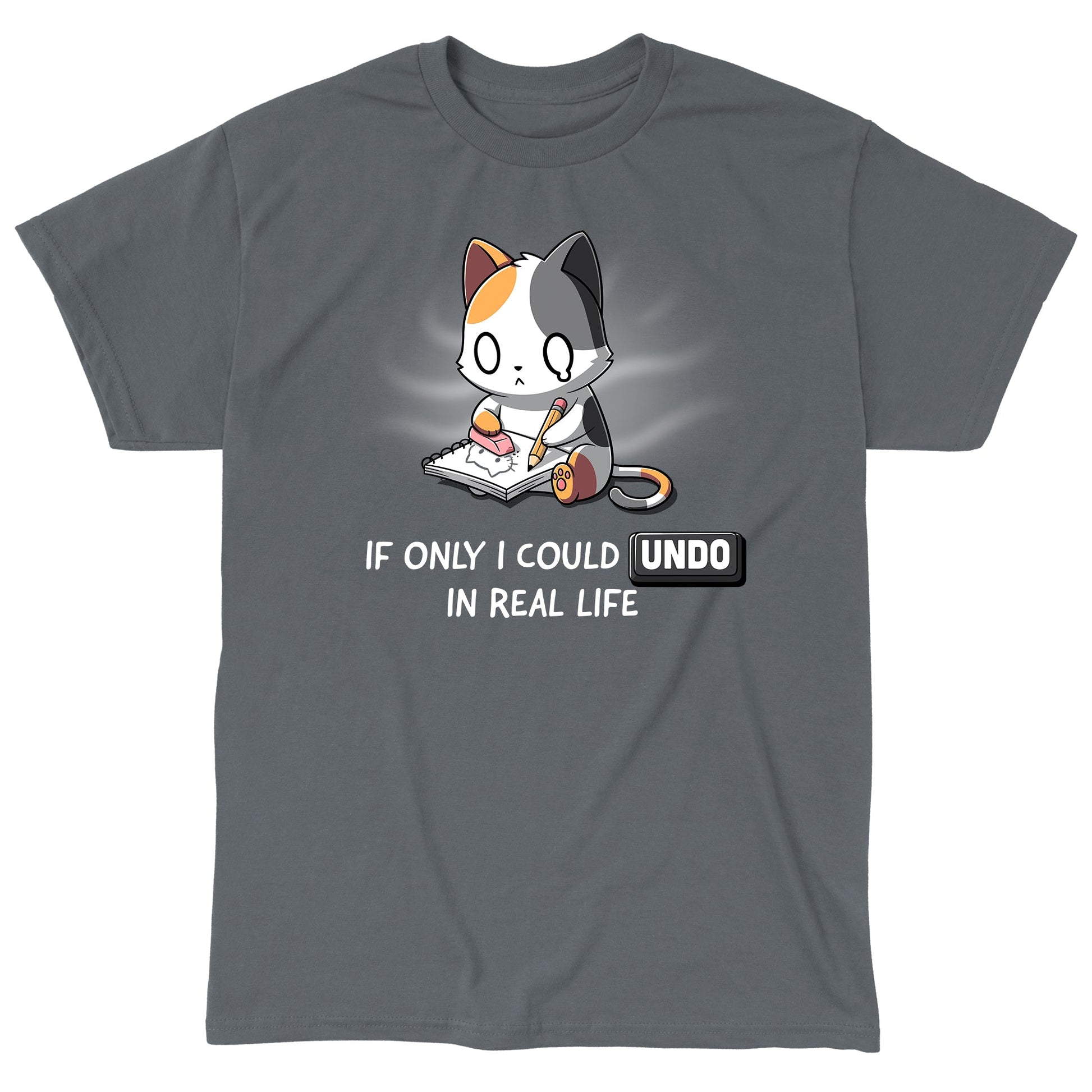 Classic Cotton T-shirt_TeeTurtle If Only I Could Undo in Real Life charcoal gray t-shirt featuring an illustration of a sad cartoon cat erasing a drawing, with "IF ONLY I COULD UNDO IN REAL LIFE" written underneath. 