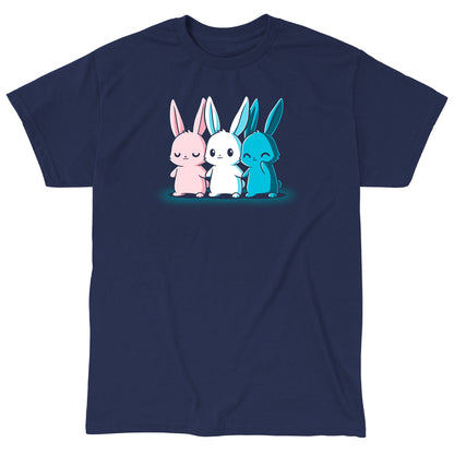 Classic Cotton T-shirt_TeeTurtle Inclusive Bunnies navy blue t-shirt featuring three cute bunnies in pride colors holding hands.